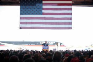 Donald Trump speaking with the media at a hangar at Mesa Gateway Airport in Mesa, Arizona. Dec. 16, 2015