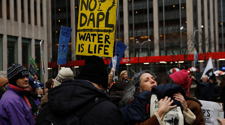 Demonstrators protest against the Dakota Access Pipeline