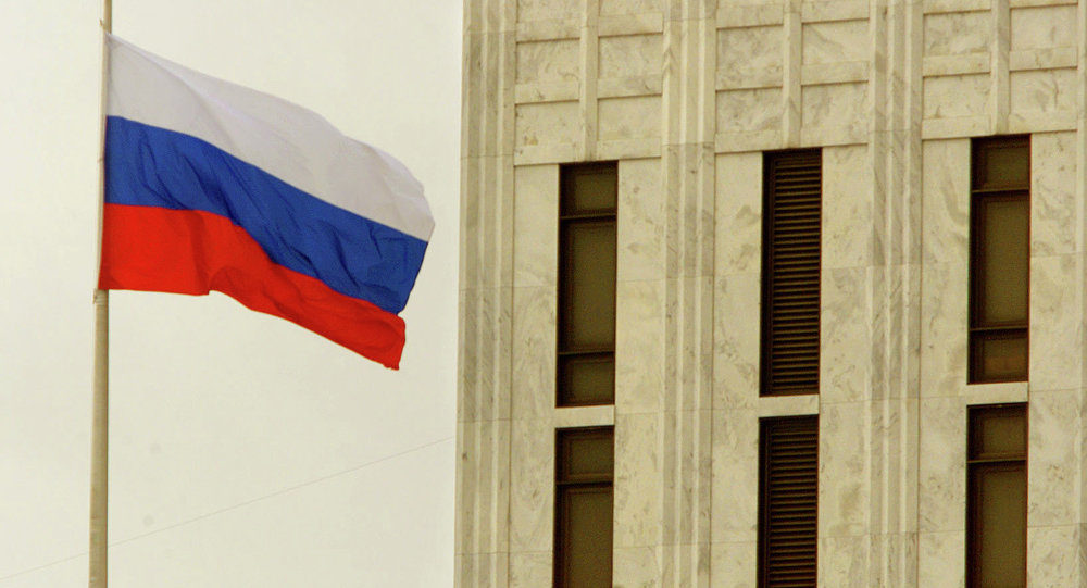 The Russian Federation flag flies above the Russian embassy in Washington, DC