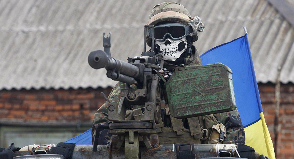 Ukrainian soldier with skull mask