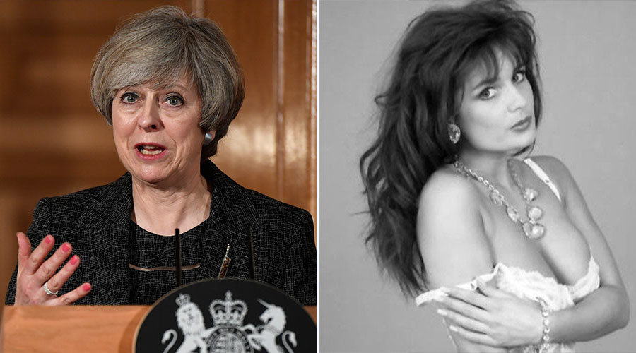 Britain's Prime Minister Theresa May (L) and Glamour model Teresa May 