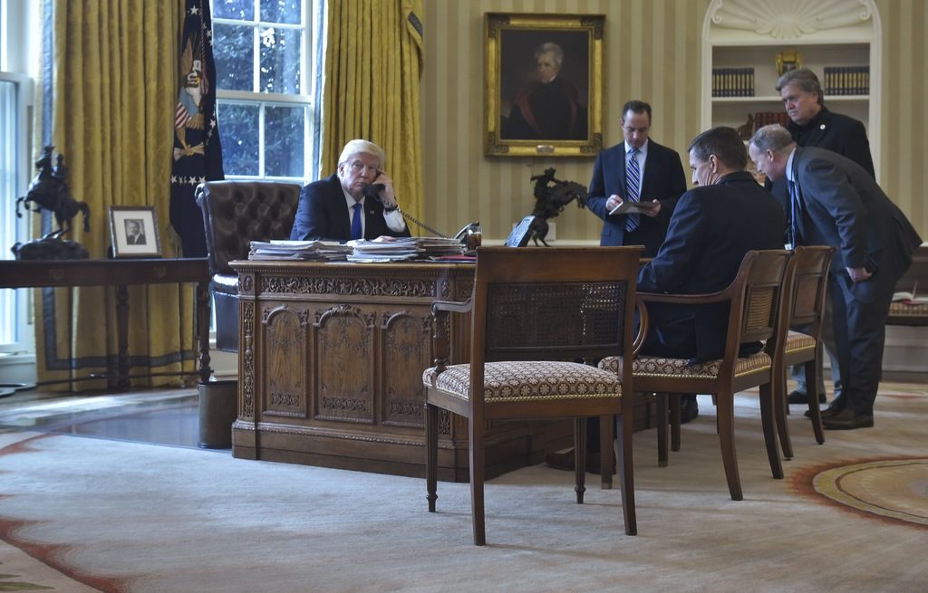 Click to enlarge Donald Trump phone call Putin White House Oval Office