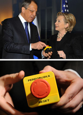 Clinton presenting red reset button to Lavrov