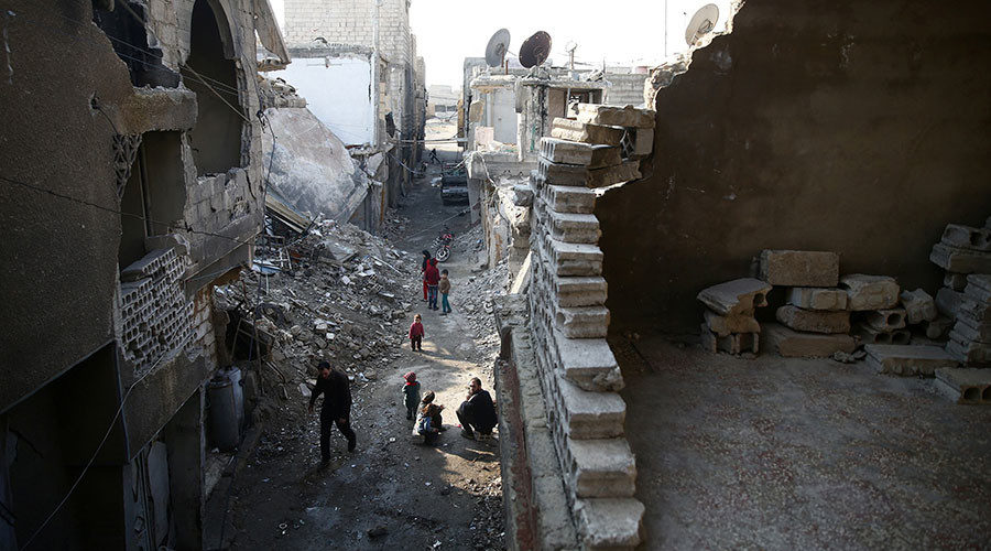 Shelled buildings in Damascus