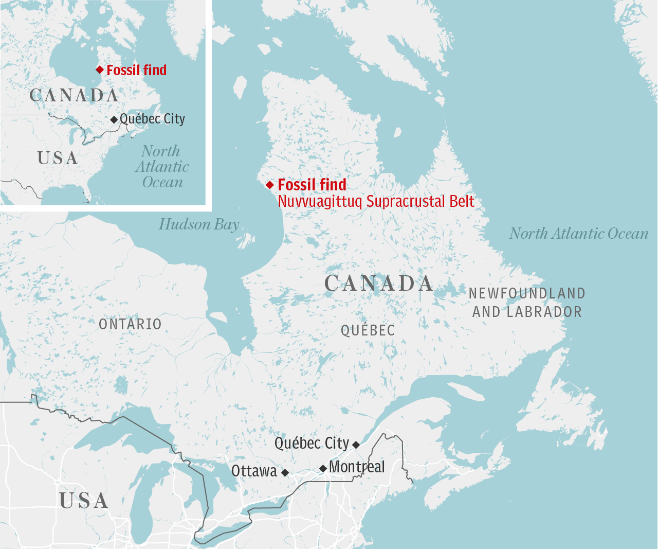 Click to enlarge map world oldest fossil find quebec canada