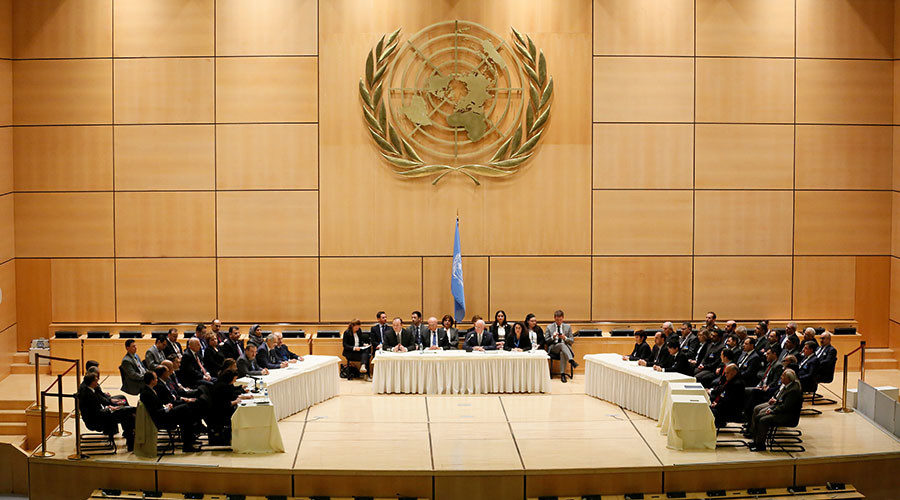 UN Special Envoy for Syria Staffan de Mistura addresses the Syrian invitees in the presence of members of the UN Security Council and the International Syria Support Group in Geneva
