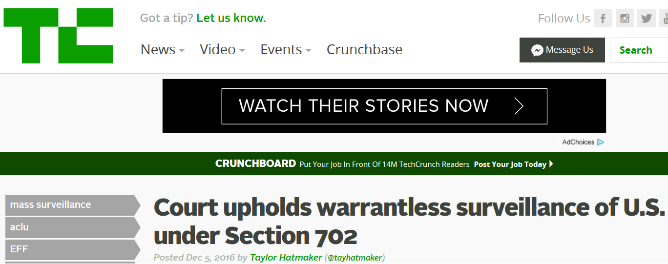 Click to enlarge techcrunch warrantless surveillance headline screenshot