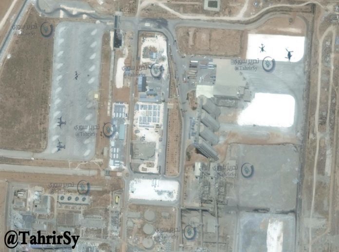 Click to enlarge Satellite visuals recently taken of the “Lafarge” cement factory in northern Al-Raqqa province, shows a US military base containing a helipad
