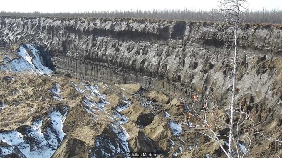 Melting permafrost leads to massive collapse of ground creating a crater