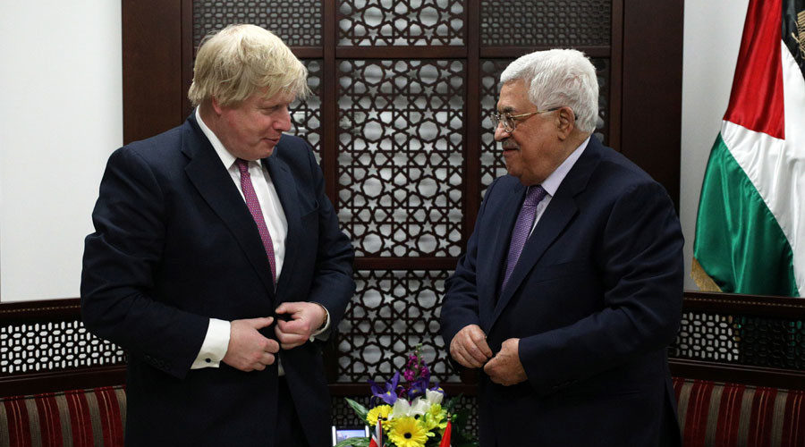 Britain's Foreign Secretary Boris Johnson and Palestinian President Mahmoud Abbas 