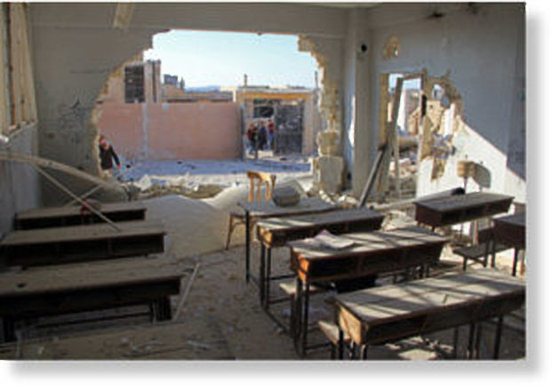 A scene from a classroom at the Hass school attack in Idlib province, Syria