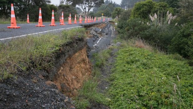 Part of the road at Mercer has slipped away after heavy rain