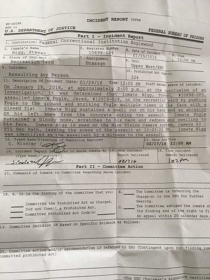 Click to enlarge Jared Fogle beat up incident report