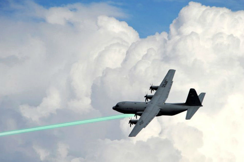 Photo illustration of an AC-130 gunship firing a laser weapon
