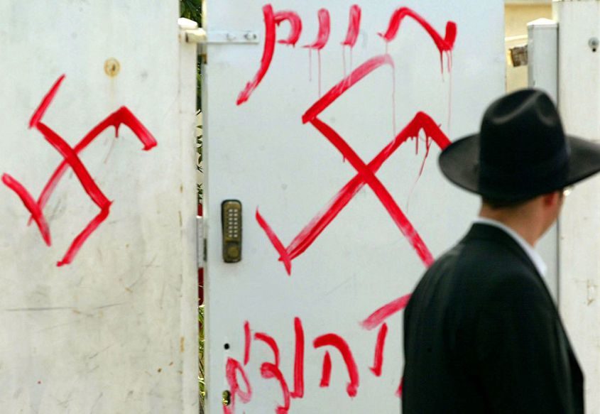 Click to enlarge Hasidm walking past swastikas