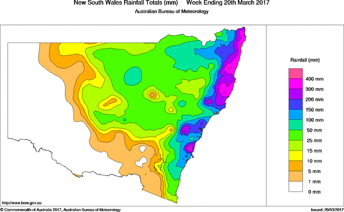 Weekly rainfall to 20 March in New South Wales.