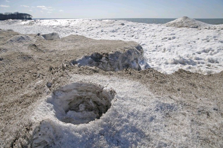 Ice volcanoes were visible Wednesday on the Lake Erie shore at Evangola State Park. 