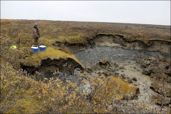 Click to enlarge Professor Vasily Bogoyavlensky at the crater of gas emission in July 2015.