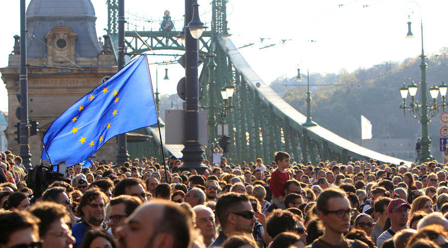People protest against Prime Minister Orban's efforts to force a George Soros-founded university out of the country in Budapest
