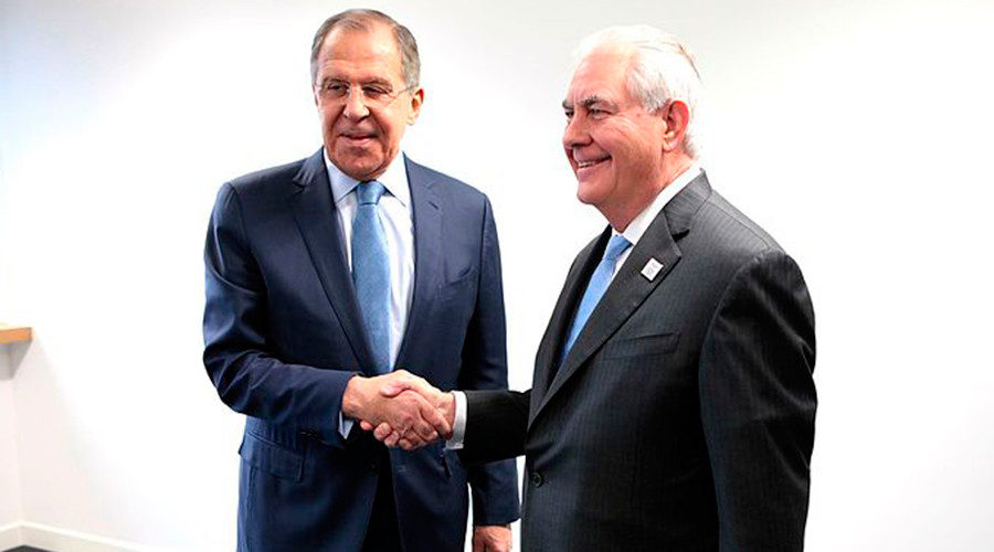 US Secretary Rex W. Tillerson shakes hands with Russian Foreign Minister Sergey Lavrov