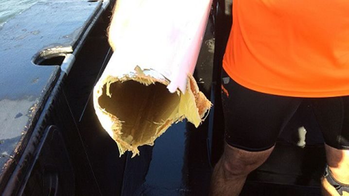 The man's damaged kayak after the shark attack. 