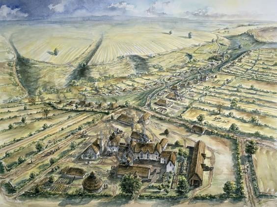 Artist’s impression of the 11th- to 13th-century village where the bones were found 