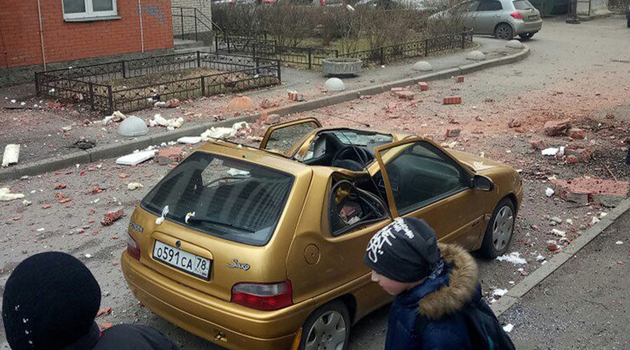 car crushed by debris St Petersburg