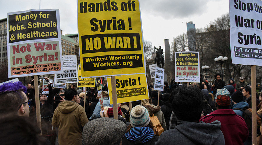 People participate in a demonstration against the recent U.S. strike in Syria, in New York, U.S.