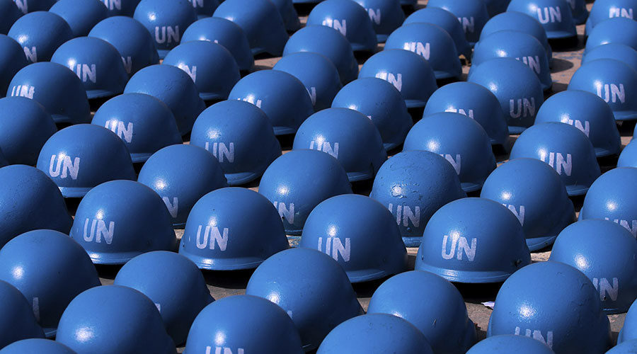 Click to enlarge Helmets belonging to UN peacekeeping forces