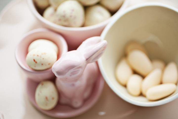 Porcelain Easter bunny and candy eggs.