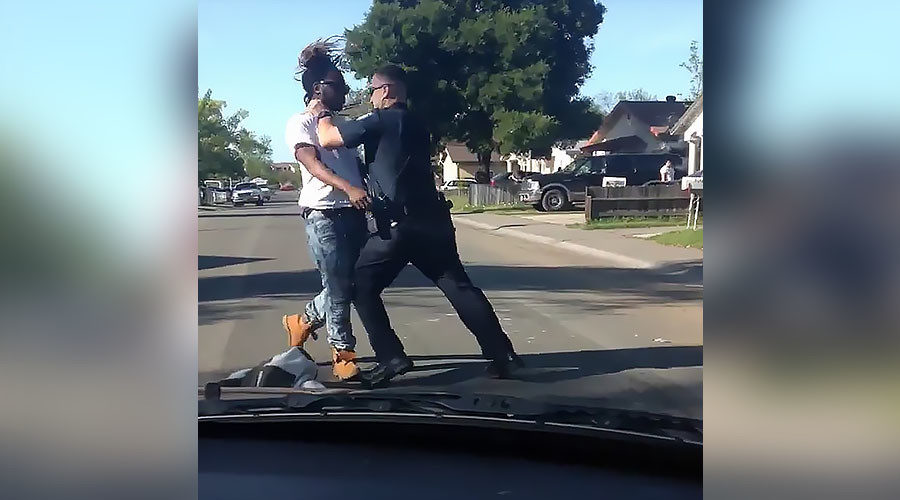 Sacramento police officer and a suspected jaywalker 