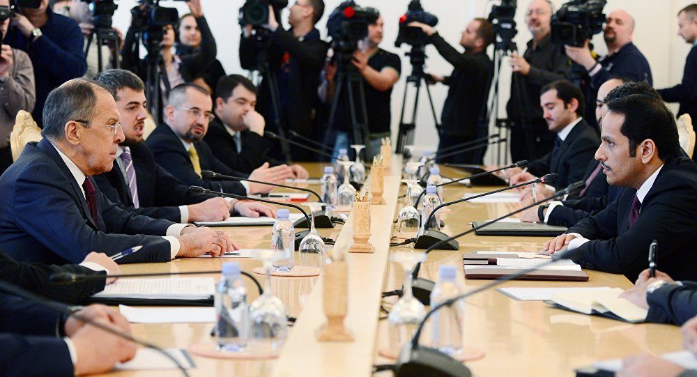 Qatar's Foreign Minister Sheikh Mohammed bin Abdulrahman bin Jassim Al-Thani and Russian Foreign Minister Sergey Lavrov