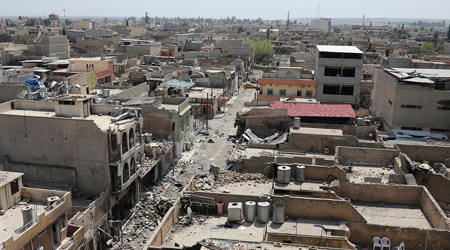 General view of destroyed buildings in Mosul