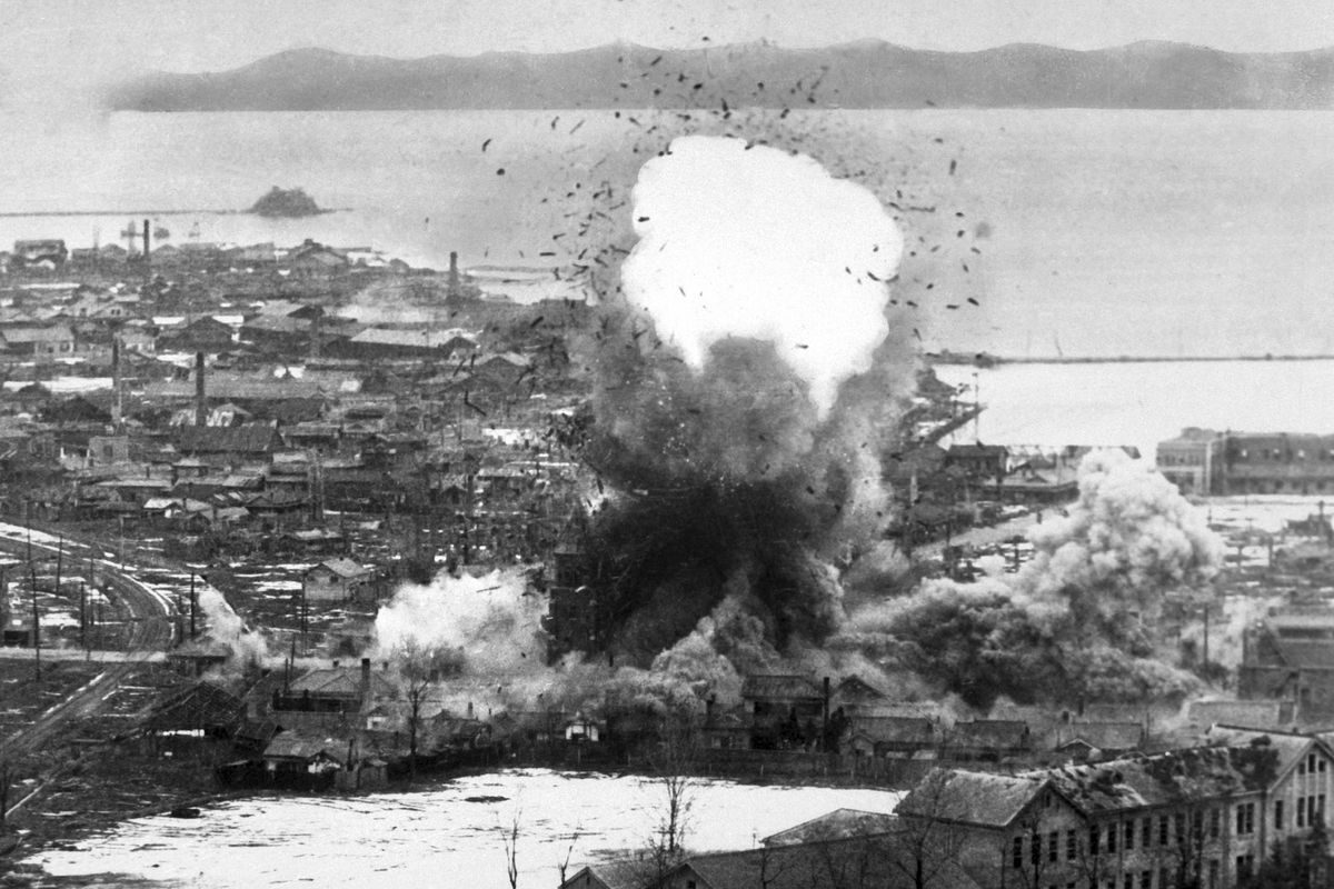 A US B-26 bomber drops a bomb on the North Korean city of Wonsan in 1951
