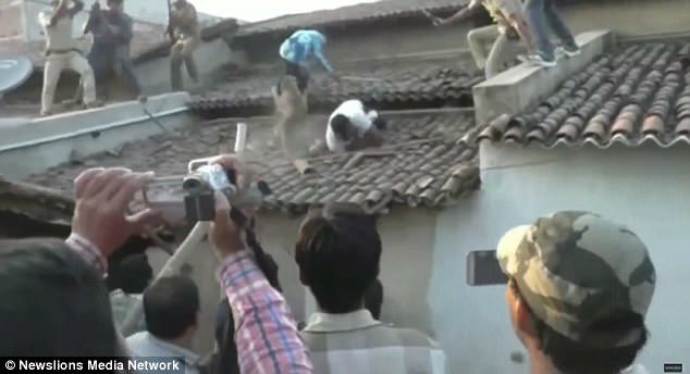 People watch as forest rangers hunt down the beast to an abandoned house in the village