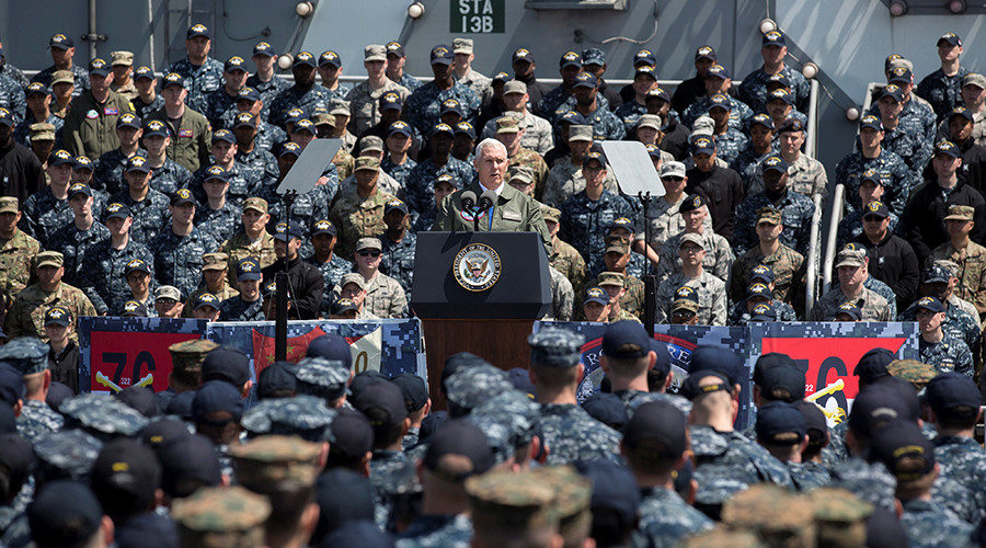 Click to enlarge US Vice President Mike Pence speaks aboard the USS Ronald Reagan