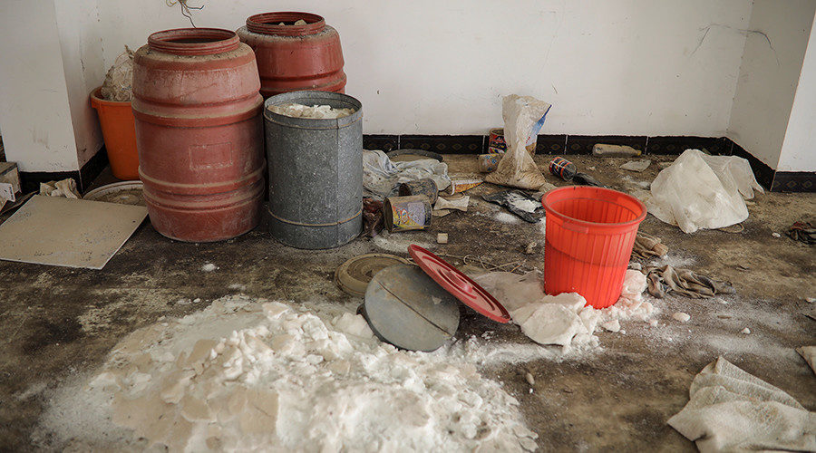 Click to enlarge Chemicals used by Islamic State militants to produce bombs are seen in Mosul, Iraq, April 12, 2017