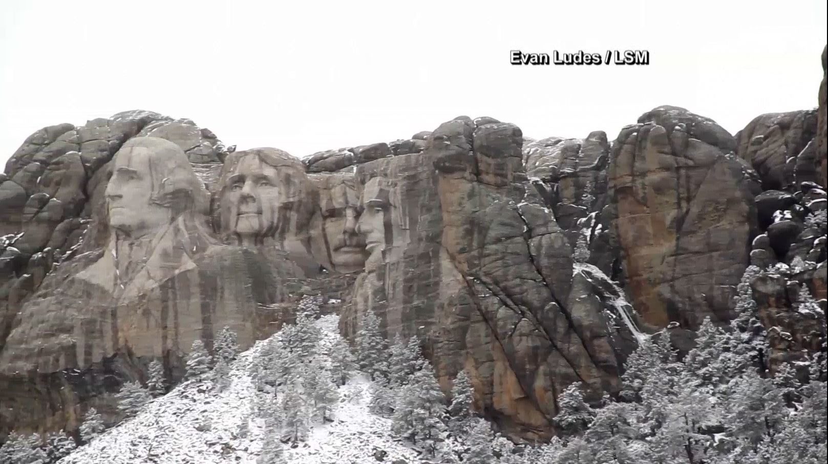 Snow covering up our famous presidents atop Mt. Rushmore.