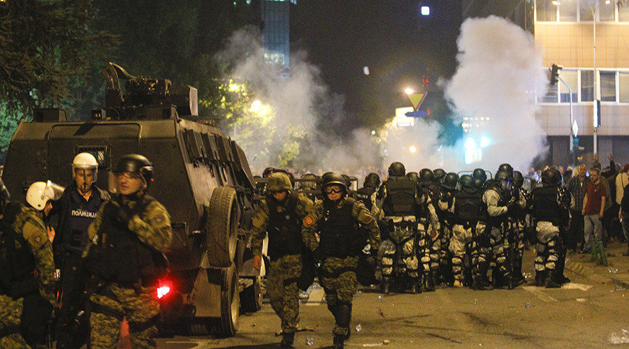 Macedonian riot police block the road near the parliament in Skopje. Macedonia