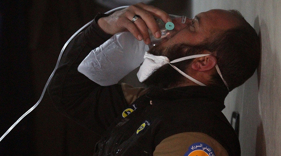 man with gas mask Idlib, Syria