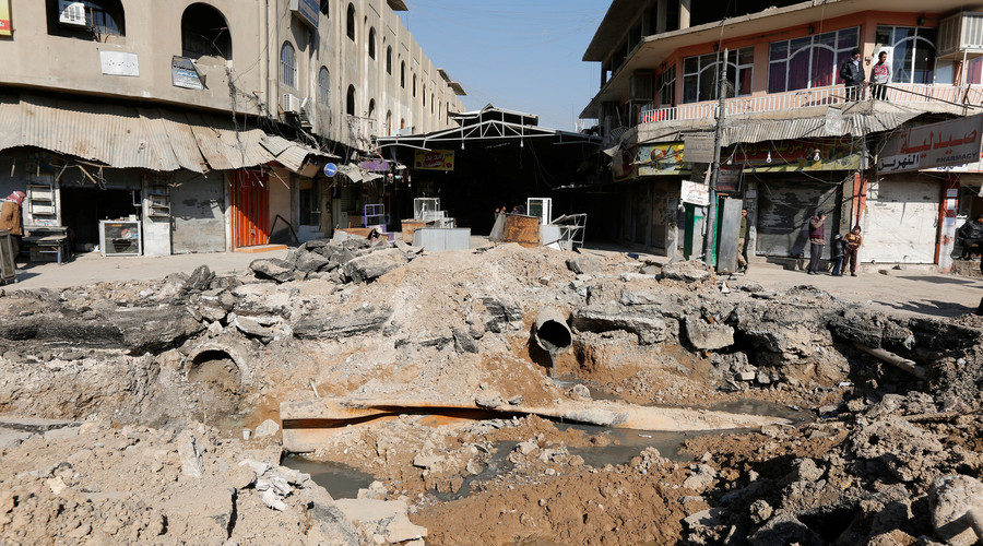 A crater made by an airstrike against Islamic State militants, Mosul, Iraq