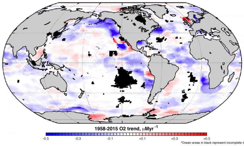 Global map of the linear trend of dissolved oxygen