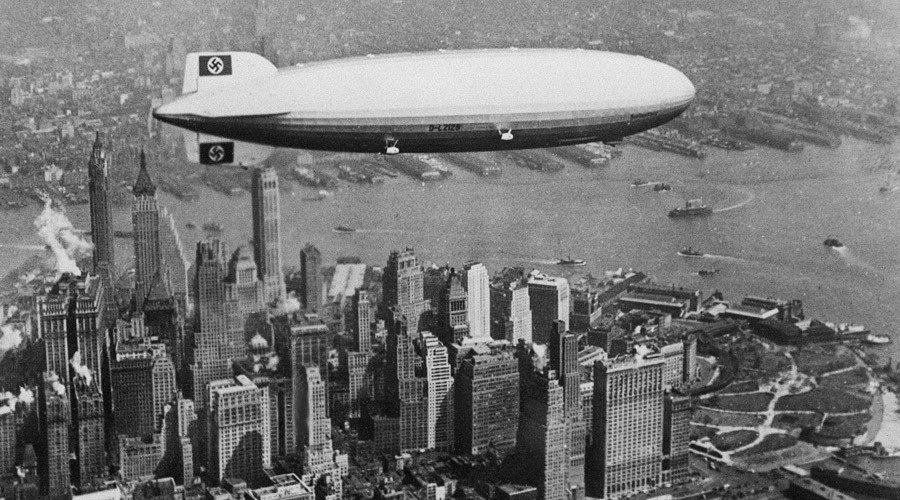 German giant airship Hindenburg flying over Manhattan, New York