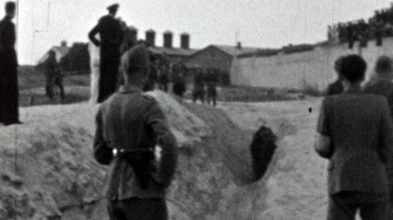 Screenshot from film showing the Einsatzgruppen at work