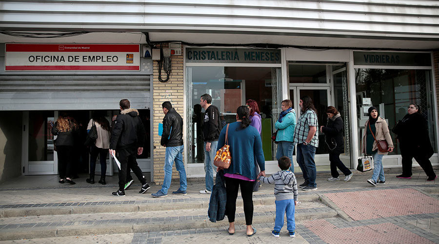 People enter a government-run job centre in Madrid, Spain