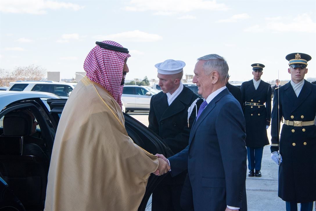 Defense Secretary Jim Mattis welcomes Saudi Deputy Crown Prince and Defense Minister Mohammed bin Salman to the Pentagon