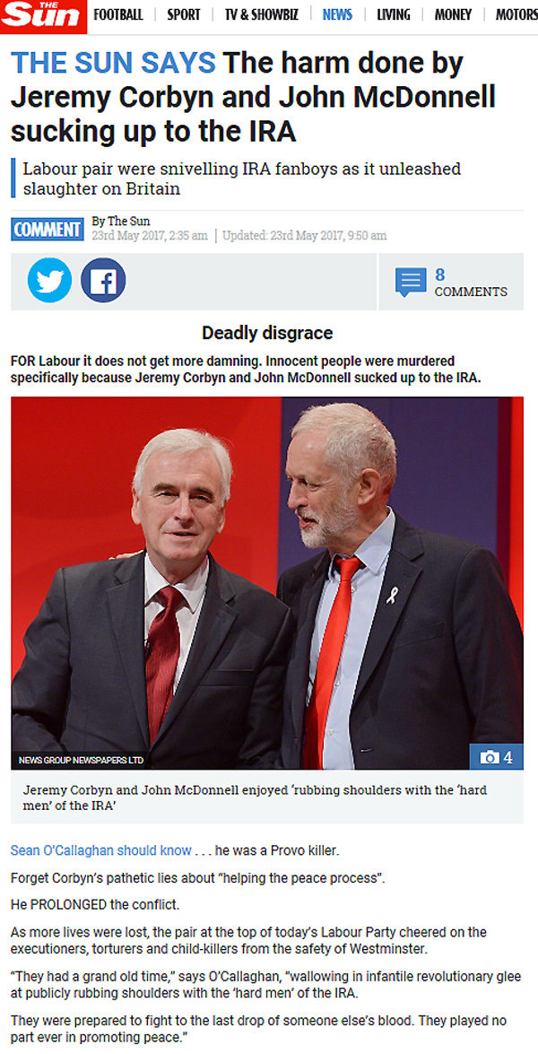 Sun Corbyn IRA headline Manchester terror