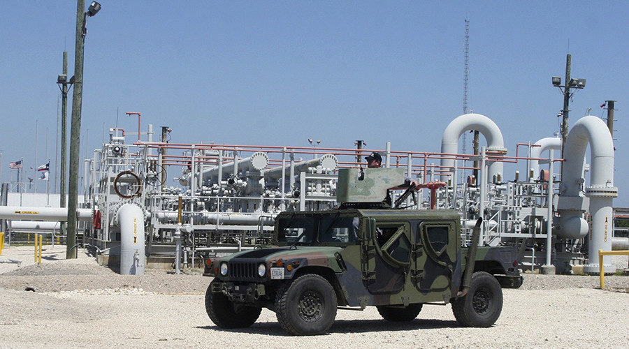 Private security contractors patrol the US Department of Energy's Strategic Petroleum Reserve in Bryan Mound, Texas