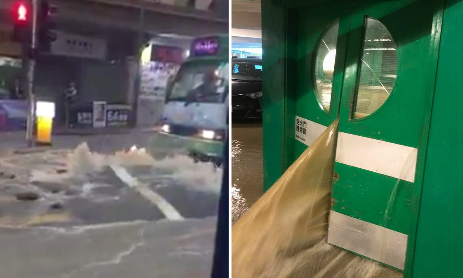 The heavy downpour damaged a road in Shau Kei Wan (left); a Quarry Bay carpark at the height of the storm.