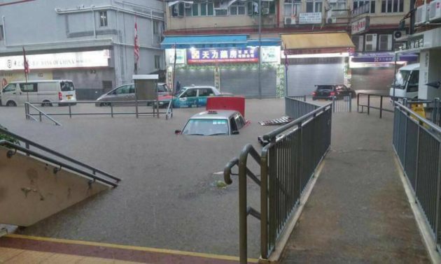A stricken taxi in Shau Kei Wan at the height of the storm.